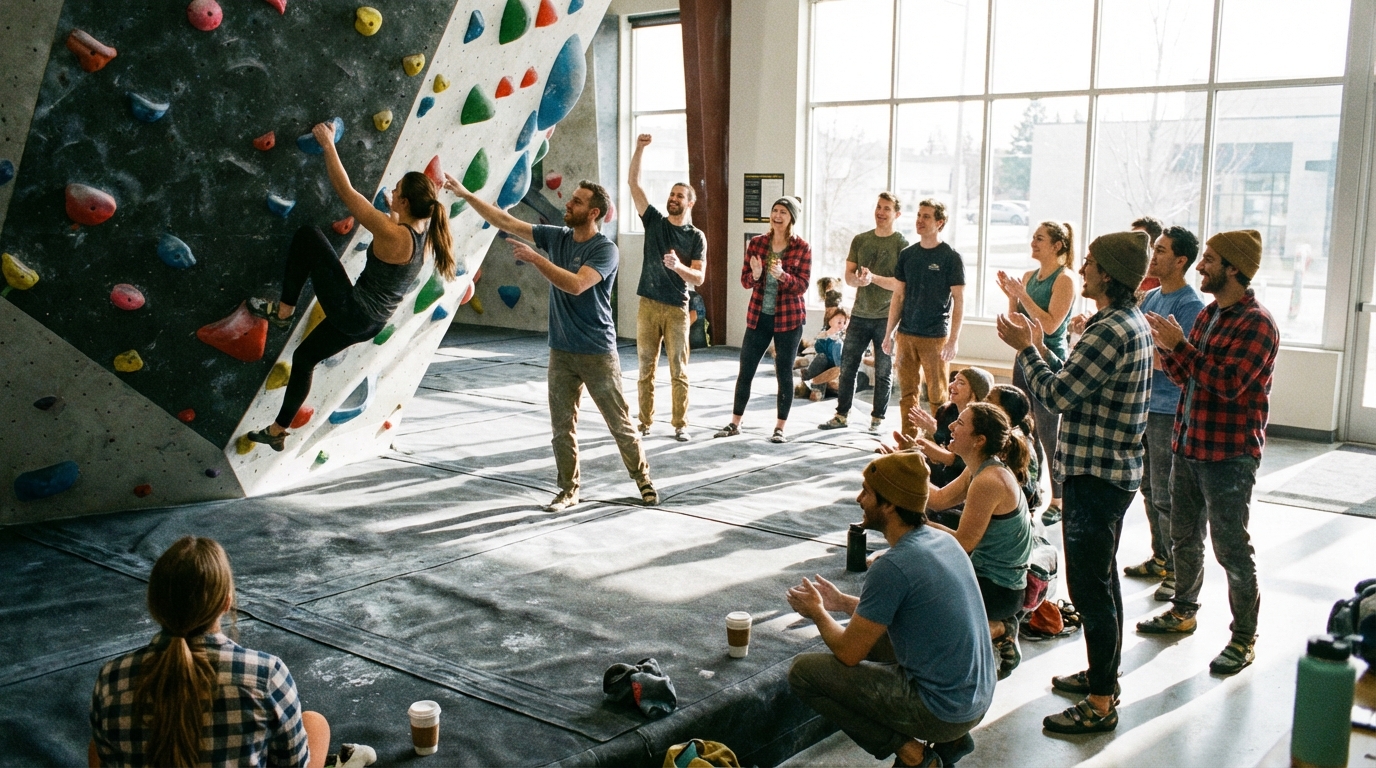 Grupo de escaladores de diferentes edades animando a un compañero en el rocódromo