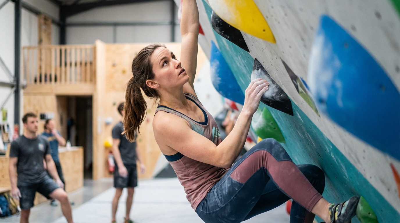 Mujer concentrada estudiando un problema de boulder antes de intentarlo
