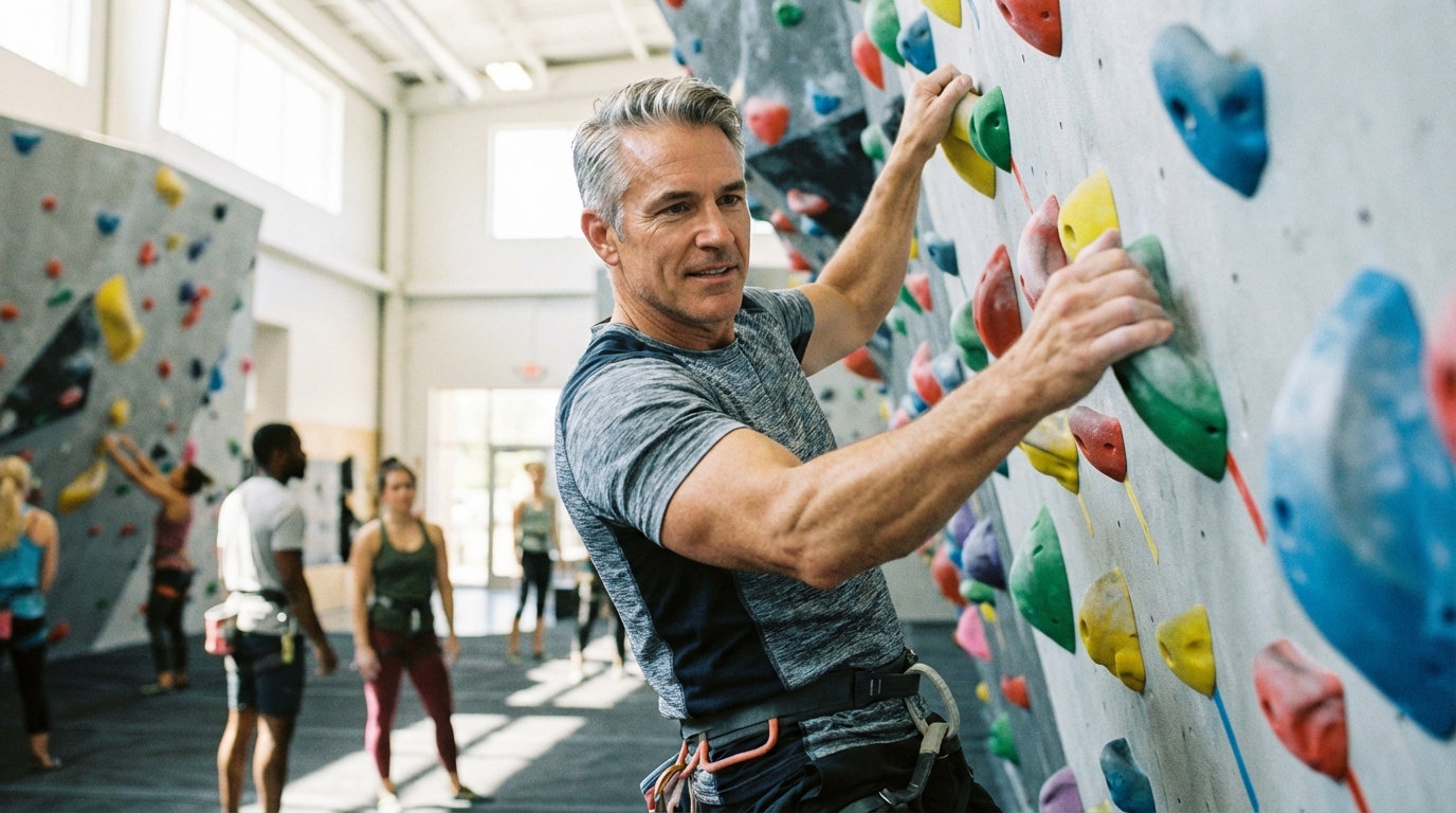 Adulto mayor escalando una ruta en un rocódromo con concentración