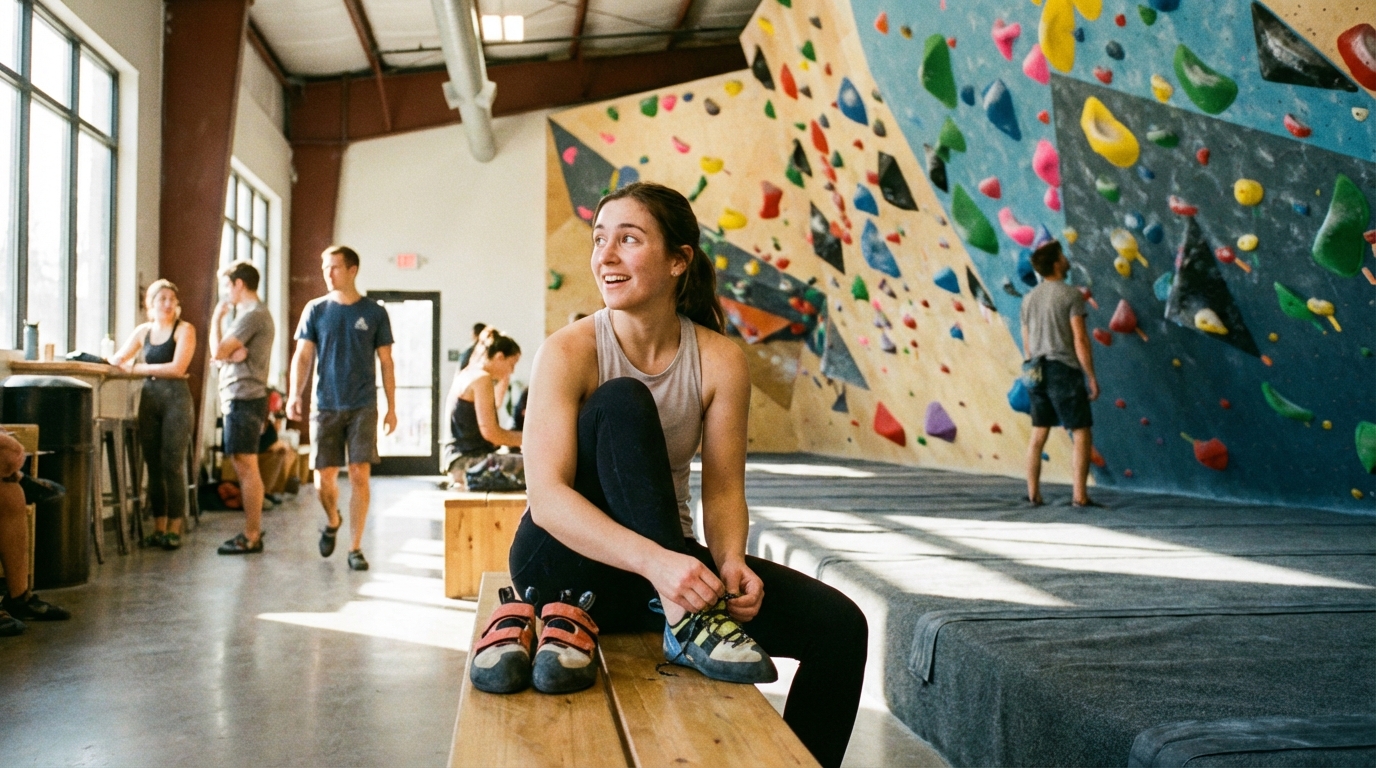 Principiante poniéndose pies de gato antes de su primera sesión de escalada