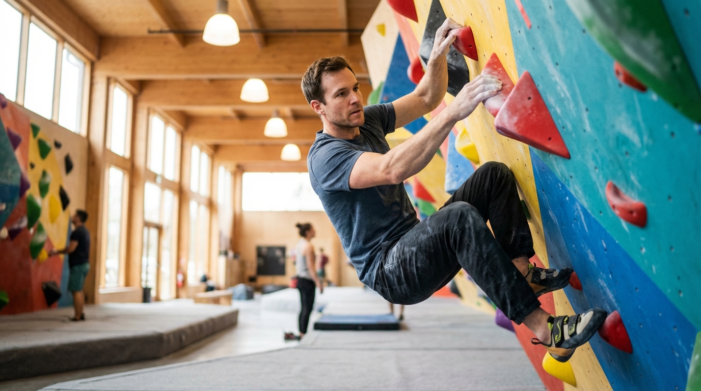 Adulto escalando en el rocódromo de ORIGEN en Sevilla